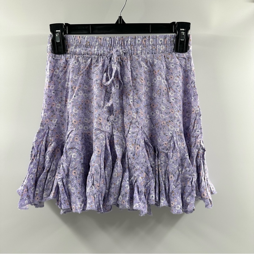 Aeropostale Purple Floral Flowy Skirt – Size Small, Crimped Ruffle Detail